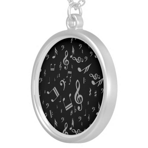 Silver Gray Musical Notes on Black Silver Plated Necklace