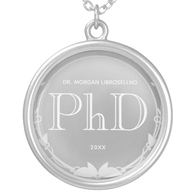 Silver Gray Name Year PhD Graduation Plated Necklace (Front)