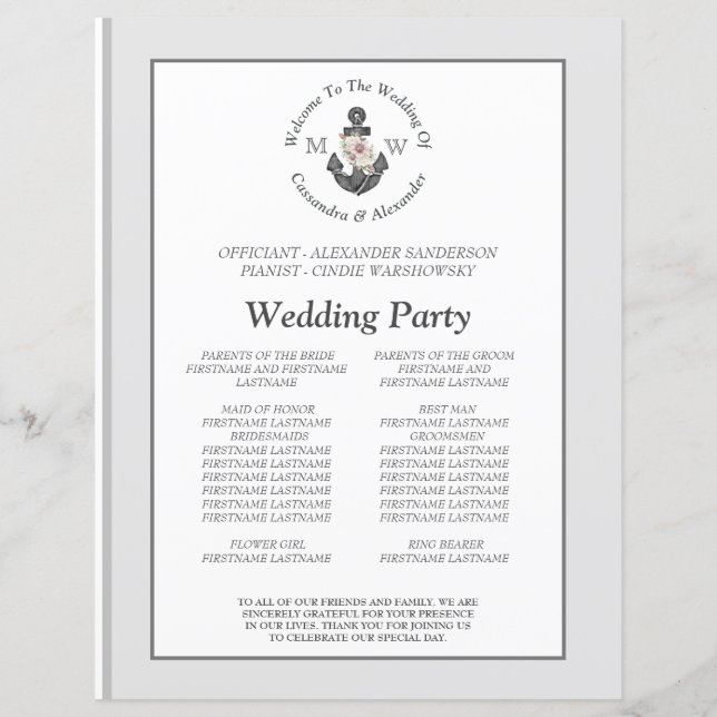 Silver Gray Nautical Floral Anchor Wedding Program (Back)