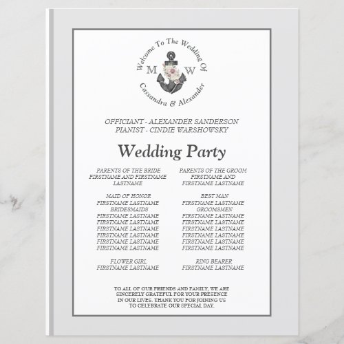 Silver Gray Nautical Floral Anchor Wedding Program