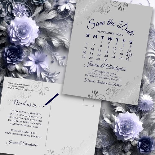 Silver Gray  Navy Wedding Save the Date Calendar Announcement Postcard