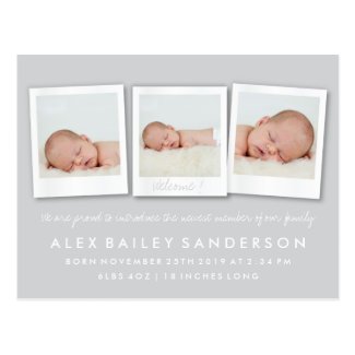 Silver Gray New Baby Birth Announcement Photo Postcard