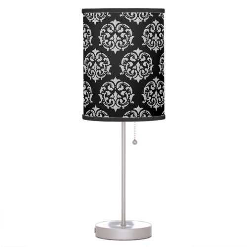 Silver Gray on Black Elegant Damask pattern Table Lamp