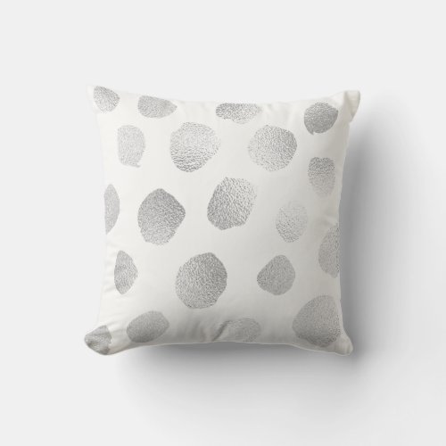 Silver Gray Painted Metallic Polka Dots White Throw Pillow