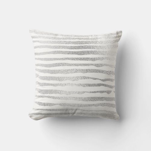 Silver Gray Painted Metallic Stripes Lines White Throw Pillow