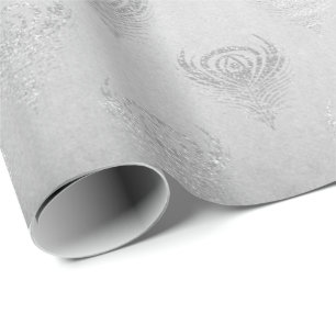 Silver Gray Peacock Metallic Shiny Monochromatic Wrapping Paper
