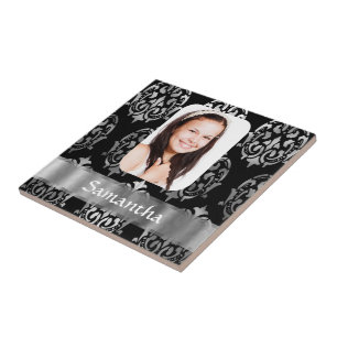 Silver gray personalized damask photo template ceramic tile