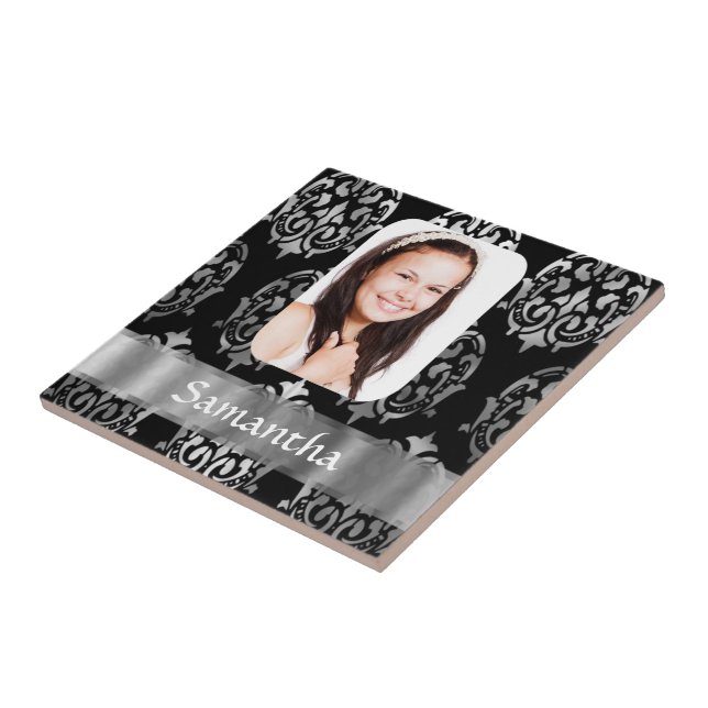 Silver gray personalized damask photo template ceramic tile (Side)