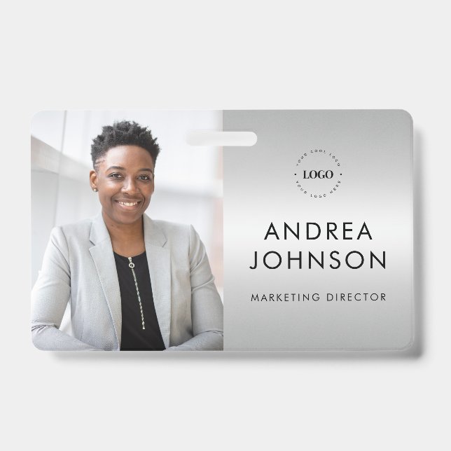 Silver Gray Photo ID Card with Custom Logo & Text Badge (Front)