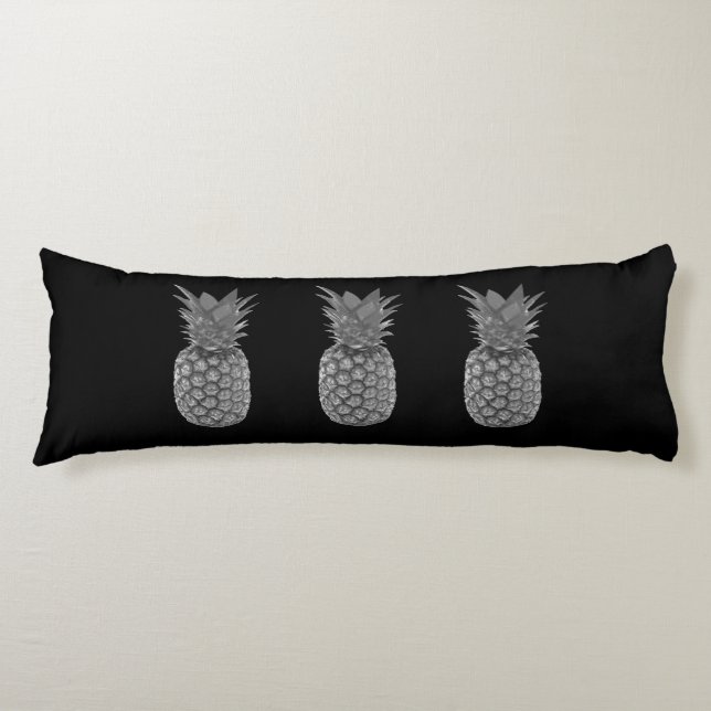 Silver Gray Pineapple Fruits on Black Body Pillow (Front)