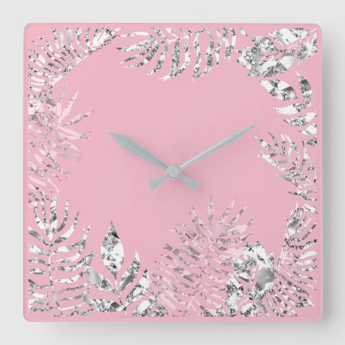 Silver Gray Pink Blush Powder Botanical Metallic Square Wall Clock