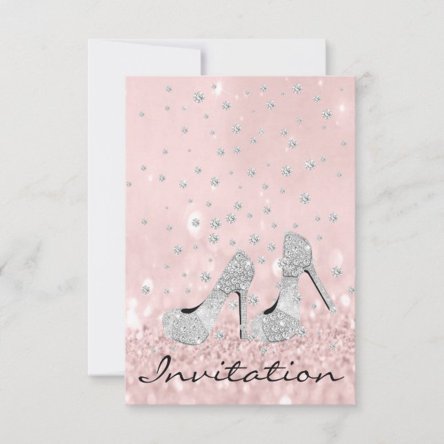 Silver Gray Pink Diamond Shoes Glitter Bridal 16th Invitation (Front)