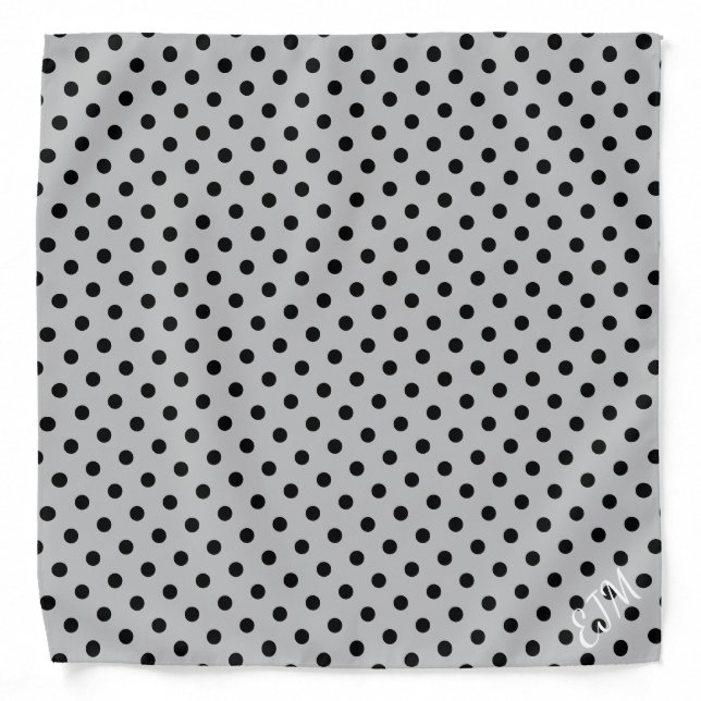 Silver Gray Polka Dot Patterned Retro Monogrammed Bandana (Front)