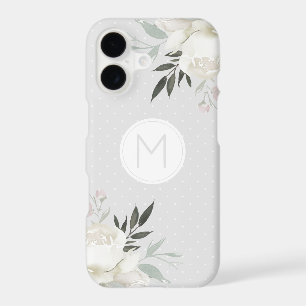 Silver Gray Polka Dot White Rose Floral Monogram iPhone 17 Case