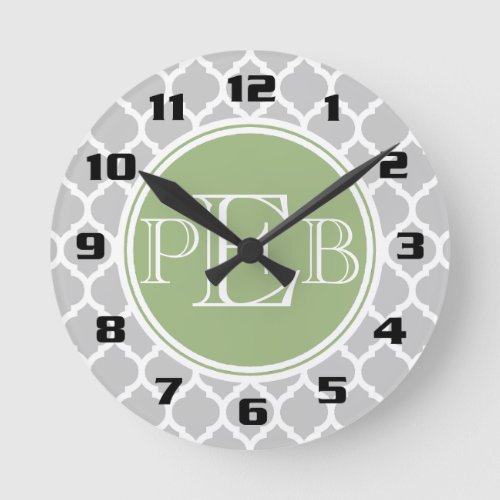 Silver Gray Quatrefoil Sage Green Monogram Round Clock