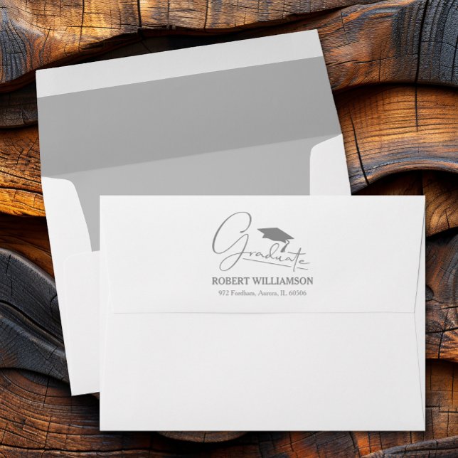 Silver Gray Return Address Graduation Cap Envelope (Silver gray graduation cap, printed lining and FREE return address envelopes)