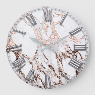 Silver Gray Roman Number Metallic Marble Rose Gold Large Clock