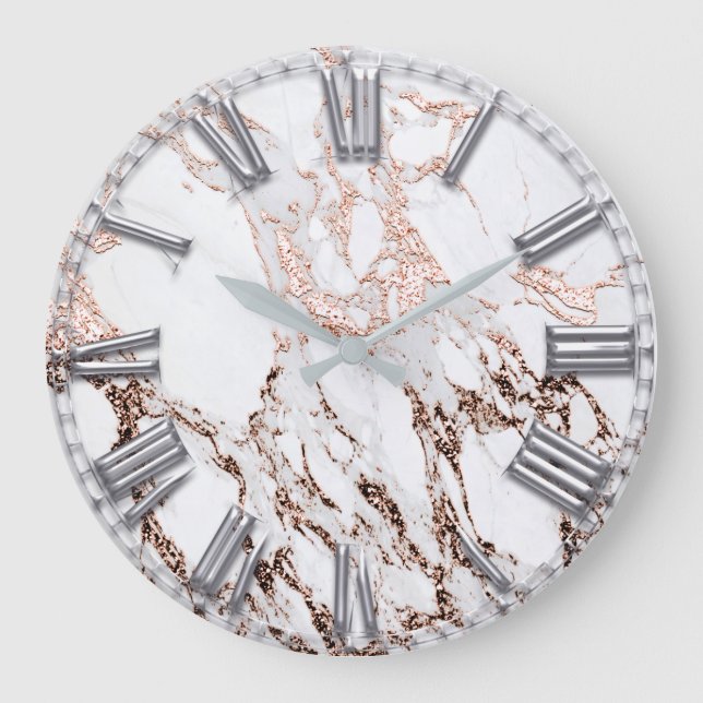 Silver Gray Roman Number Metallic Marble Rose Gold Large Clock (Front)