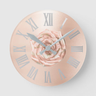 Silver Gray Rose Gold Copper Metallic Roman Numers Round Clock