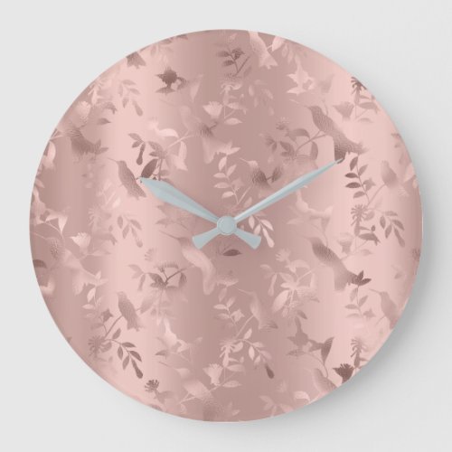 Silver Gray Rose Gold Humming_bird Floral Large Clock