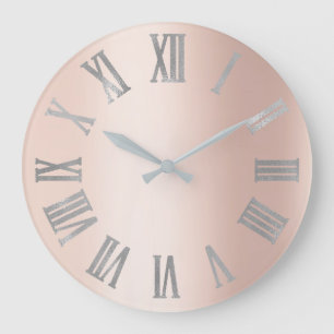 Silver Gray Rose Pink Minimal Roman Numbers Lux Large Clock