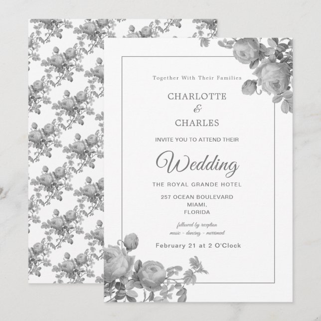 Silver Gray Roses Elegant Floral Wedding Invitation (Front/Back)