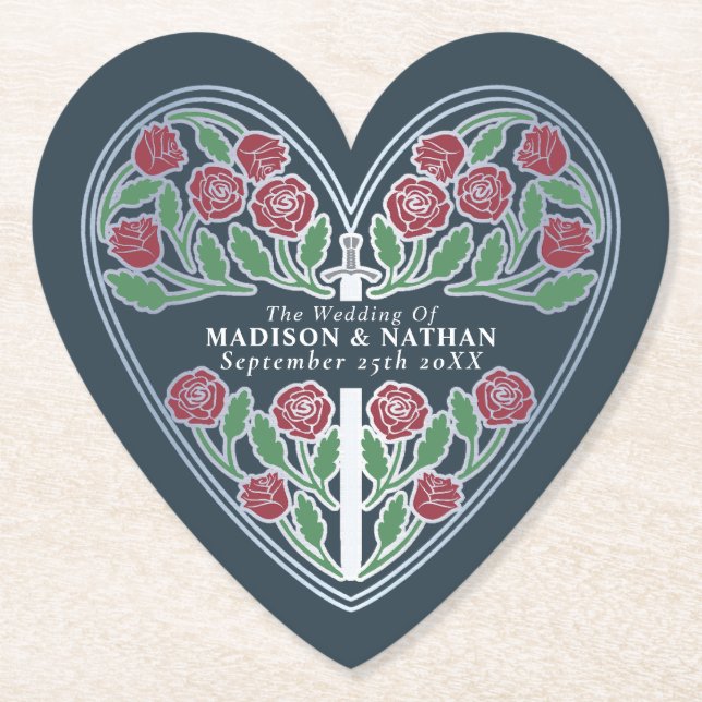 Silver Gray Royal Medieval Floral Sword Wedding Paper Coaster (Front)