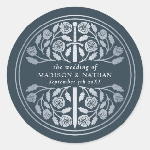 Silver Gray Royal Medieval Sword Wedding  Classic Round Sticker