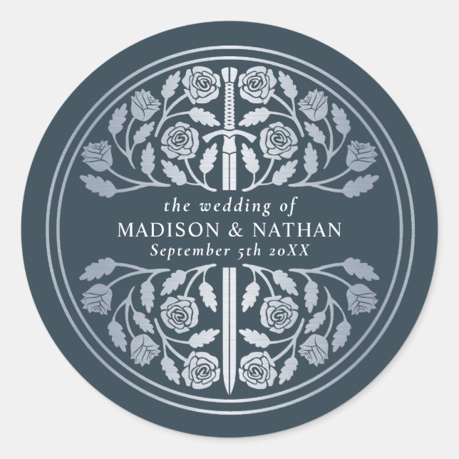 Silver Gray Royal Medieval Sword Wedding  Classic Round Sticker (Front)