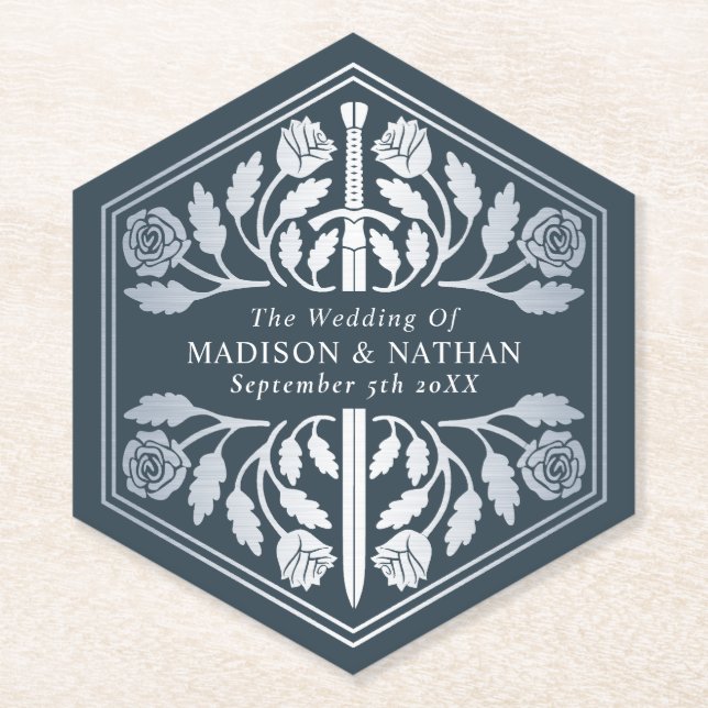 Silver Gray Royal Medieval Sword Wedding Paper Coaster (Front)