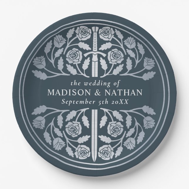 Silver Gray Royal Medieval Sword Wedding  Paper Plates (Front)