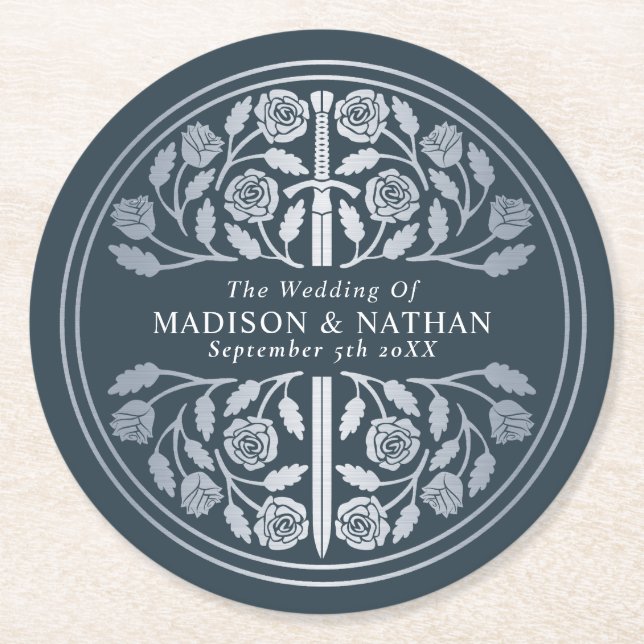Silver Gray Royal Medieval Sword Wedding Round Paper Coaster (Front)