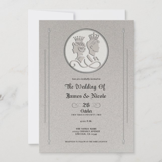 Silver Gray Royal Storybook King Queen Wedding Invitation (Front)