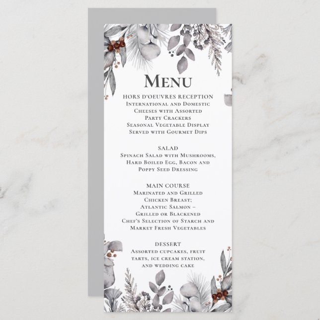 Silver, Gray, Rust Brown Bird Winter Botanical  Me Menu (Front/Back)