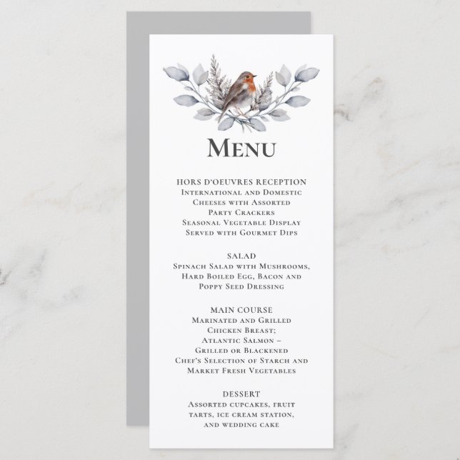 Silver, Gray, Rust Brown Bird Winter Botanical  Menu (Front/Back)