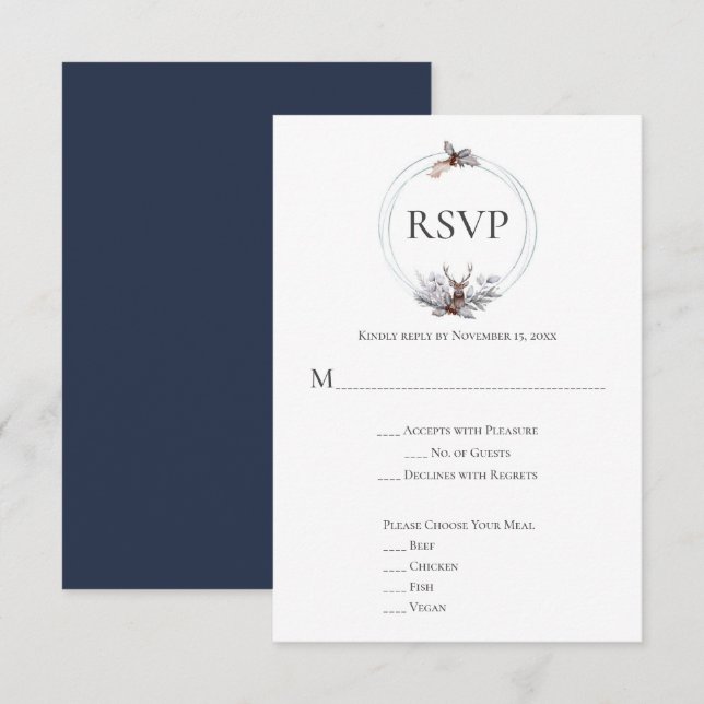 Silver Gray Rust Navy Deer Antler Wedding RSVP (Front/Back)