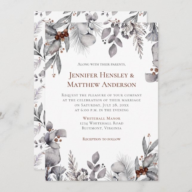 Silver, Gray, Rusty Brown Frame Winter Wedding Invitation (Front/Back)