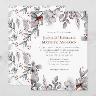 Silver, Gray, Rusty Brown Frame Winter Wedding Invitation
