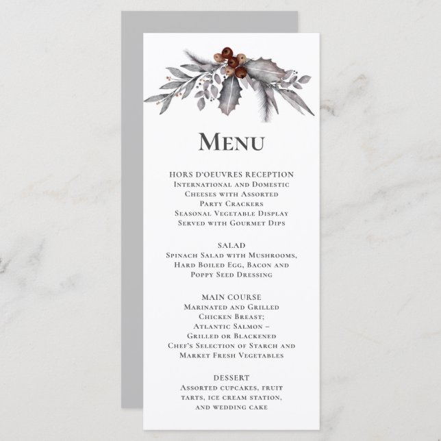 Silver, Gray, Rusty Brown Winter Botanical Wedding Menu (Front/Back)