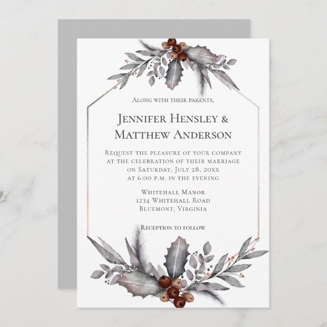 Silver, Gray, Rusty Brown Winter Wedding Invitatio Invitation (Front/Back)