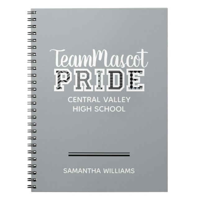 Silver Gray School Pride Mascot Name Notebook (Front)