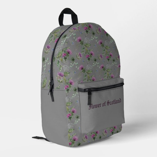 Silver Gray Scottish Thistle Flower of Scotland Printed Backpack (Back Corner Left)