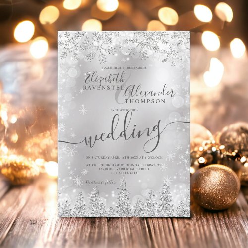 Silver gray snow pine Christmas winter wedding Invitation