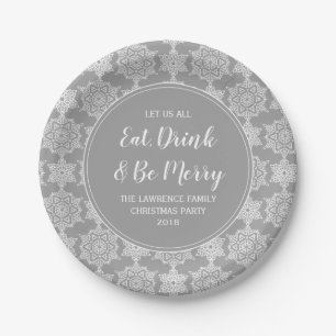 Silver Gray Snowflake Eat Drink Christmas Party Paper Plates