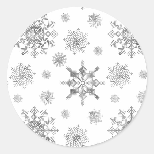 Silver Gray Snowflake Shapes Classic Round Sticker (Front)