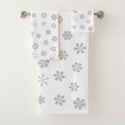 Silver Gray Snowflakes Pattern Bath Towel Set