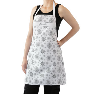 Silver Gray Snowflakes Pattern &amp; Custom Name Apron