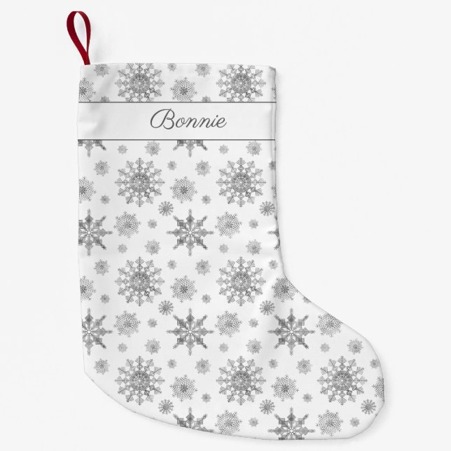 Silver Gray Snowflakes Pattern & Custom Name Small Christmas Stocking (Front)