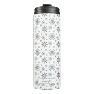 Silver Gray Snowflakes Pattern & Custom Name Thermal Tumbler