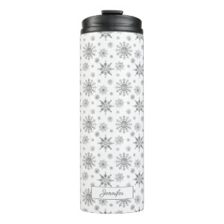 Silver Gray Snowflakes Pattern &amp; Custom Name Thermal Tumbler